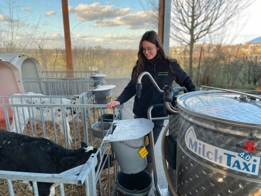 Leonie feeding calves with the MilkTaxi