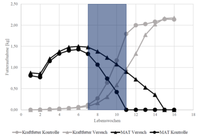 zwei Kurven zeigen den MAT Verbrauch und zwei Kurven zeigen den KF Verbrauch, eine blaue Zone zeigt die Absetzphase der Kontrollgruppe