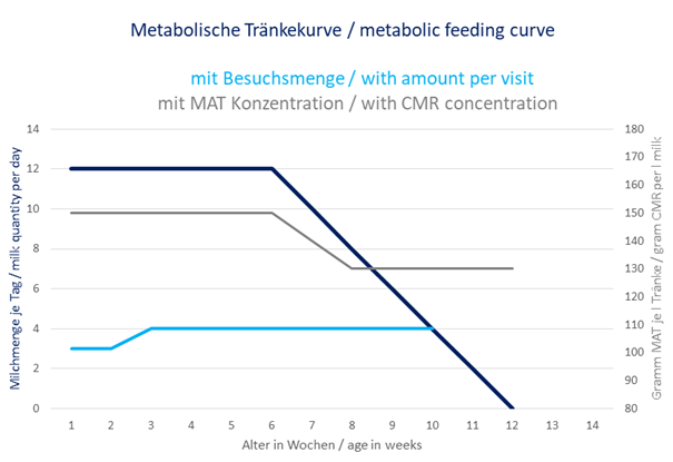Metabolische Tränkekurve mit max. 12 l und 150 g MAT (15 % TS), reduziert auf 130 g MAT in der Abtränkphase.