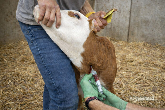 Zwei Personen entnehmen eine Blutprobe bei einem Kalb