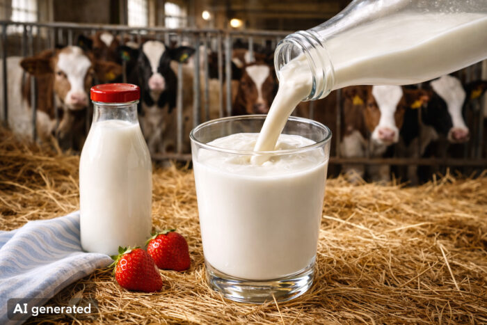 Ein Glas Milch vor einer Gruppe Kälber